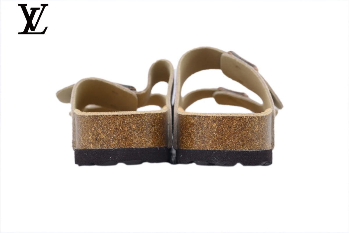 louis vuitton shoes for man  women Birkenstock Slide Sandal in Off-White Suede with Double Buckle and Cork Footbed