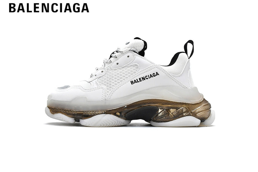 Balenciaga Triple S men's shoes  women sneakers — White & Gold, Clear Sole