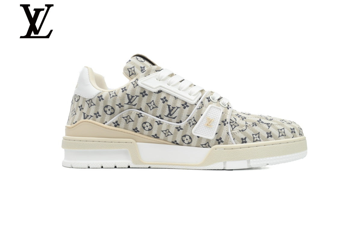 Louis Vuitton Low Top Trainer – Beige Monogram Striped Fabric & Gold Logo