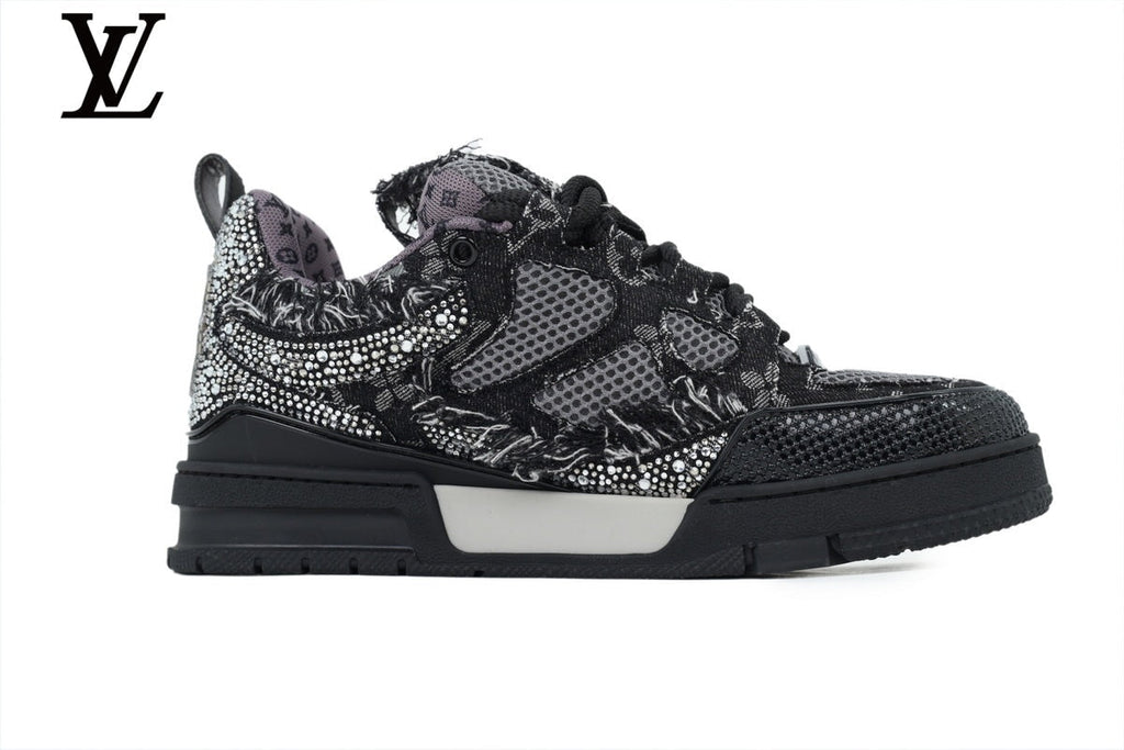 Louis Vuitton Trainer shoes for man  women Sneaker – Black Mesh with Rhinestone Embellishment