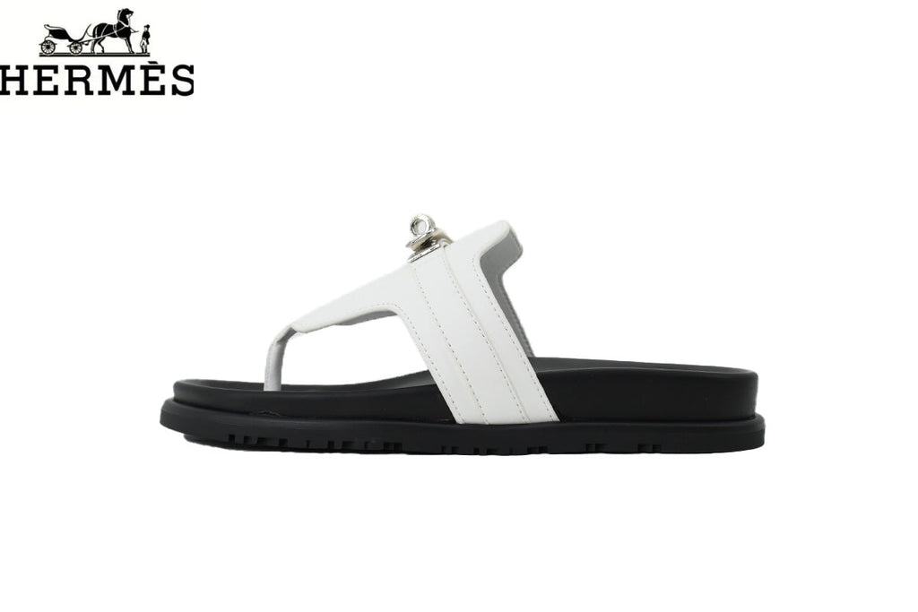 Hermès female slides White Leather Flip-Flop Slide with Metal Buckle